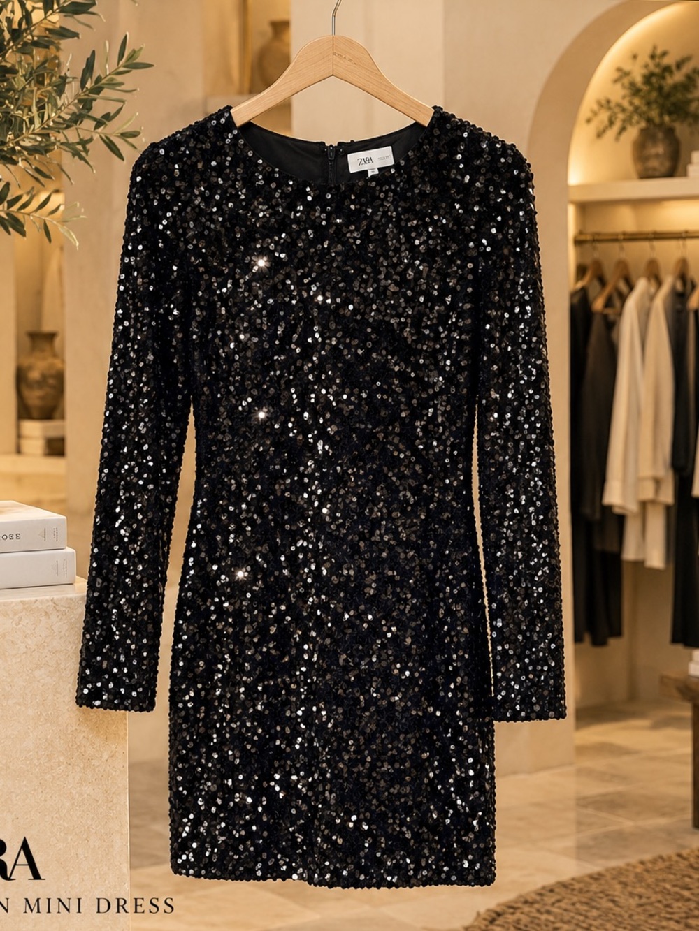 H&M Black Sequin Long Sleeve Mini Dress Size S